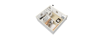 A 3D image of a house layout with a kitchen, living room, and two bedrooms.