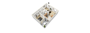 A 3D image of a house layout with a kitchen, living room, and two bedrooms.
