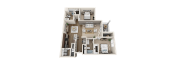 A 3D floor plan of a small apartment with two bedrooms and a living area.