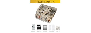 Three Bedroom Floorplan applaince callouts with patio square ft