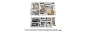 A floor plan of an apartment with two bedrooms, two bathrooms, a living room, a kitchen, and a garage for two cars.