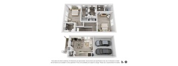A floor plan of an apartment with two bedrooms, two bathrooms, a living room, a kitchen, and a garage.