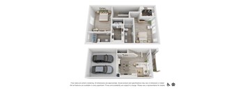 A floor plan of an apartment with two bedrooms, two bathrooms, a living room, a kitchen, and a garage.