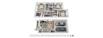 A floor plan of a two-story apartment with a living room, kitchen, bedrooms, and a garage.