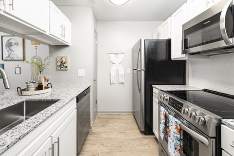 A kitchen with a black refrigerator and stove top oven.
