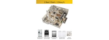 Two Bedroom Floorplans with appliance callouts and patio square ft