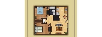 Two Bedroom One Bathroom floor plan at San Simeon Apartments in Tucson AZ
