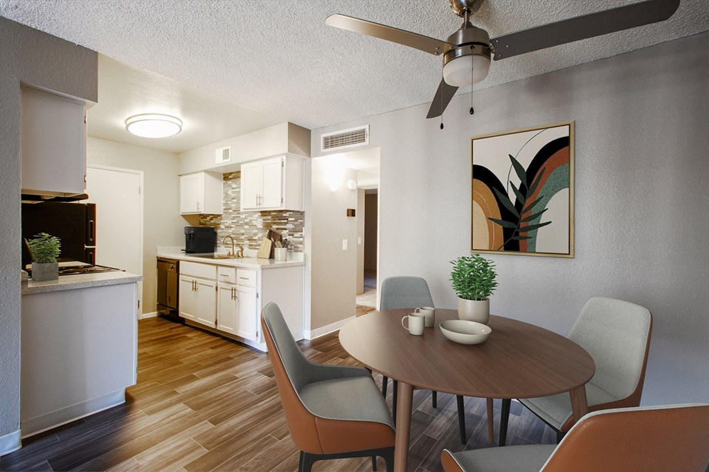 Two bed two bath dining and kitchen at River Oaks Apartments in Tucson