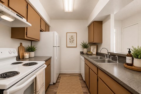 A kitchen with brown cabinets and a white stove.