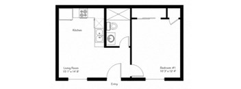 A floor plan of a small apartment with a living room, kitchen, and two bedrooms.