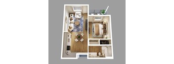 A series of images showing different views of a small apartment.