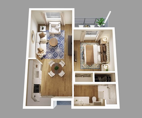 A series of images showing different views of a small apartment.