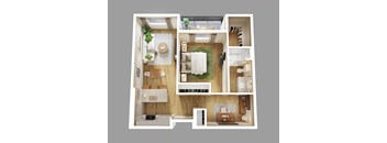A top-down view of a small apartment with a kitchen, living room, and bathroom.