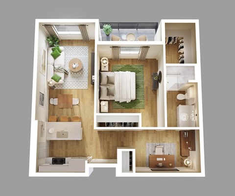 A top-down view of a small apartment with a kitchen, living room, and bathroom.