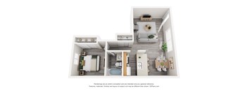 A 3D rendering of a modern, minimalist apartment with a kitchen, living room, and bathroom.
