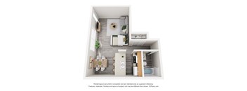 A 3D floor plan of a small apartment with a kitchen, living room, and bedroom.