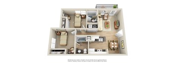 A 3D rendered image of a house layout.