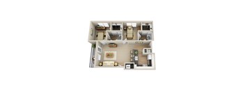 A 3D floor plan of a house with a living room, kitchen, and two bedrooms.