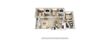 A 3D floor plan of a house with a living room, kitchen, and bedrooms.