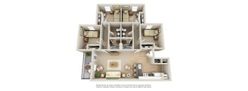 A 3D floor plan of a house with multiple rooms and furniture.