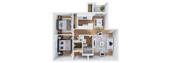 A top-down view of a modern apartment layout with a kitchen, living room, and bedrooms.