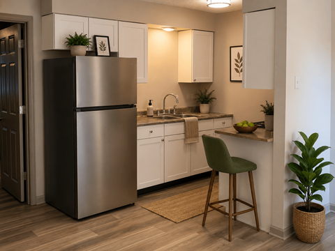 A modern kitchen with a stainless steel refrigerator and white cabinets.
