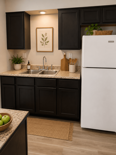 A kitchen with a white fridge and black cabinets.
