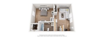 A 3D floor plan of a bedroom with a bed, a desk, a chair, a wardrobe, and a bathroom with a toilet, a sink, and a bathtub.