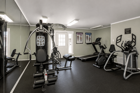 A gym with a variety of equipment including a treadmill, weights, and a stationary bike.