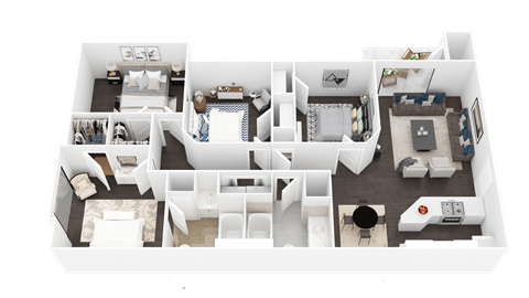 3d floor plan of a 4 bedroom 2100 sq ft home