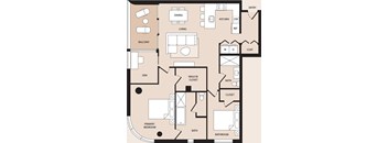 A floor plan of a house with a dining area, kitchen, living room, and bathrooms.