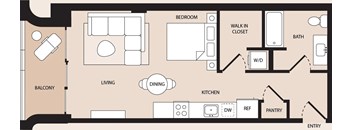 A floor plan of a house with a living room, dining room, kitchen, and bedrooms.