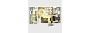 A floor plan of a house with multiple rooms and furniture layouts.