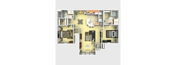 A top-down view of a house layout with various rooms and furniture.