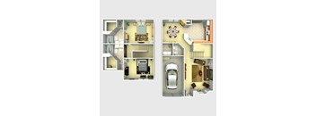 A top down view of a house interior with a kitchen, living room, dining room, and bathroom.