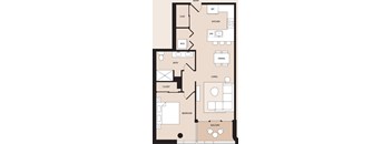 A floor plan of an apartment with a living room, dining room, kitchen, bathroom, bedroom, and balcony.