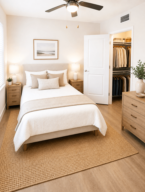 A bedroom with a large bed, a ceiling fan, and a closet with clothes.