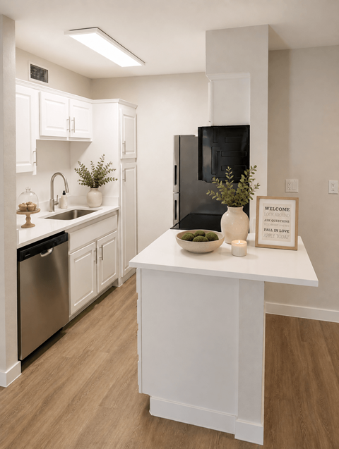 A kitchen with a black refrigerator and white cabinets.