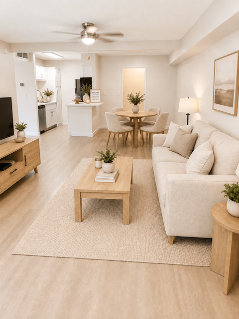 A living room with a white couch, a wooden coffee table, and a ceiling fan.