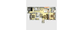 A floor plan of a house with a kitchen, living room, dining room, and bathroom.