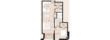 A floor plan of a house with a kitchen, dining room, living room, bathroom, and bedroom.