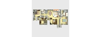 A floor plan of a house with a kitchen, living room, dining room, and bathrooms.