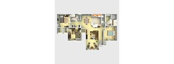 A top-down view of a house layout with various rooms and furniture.