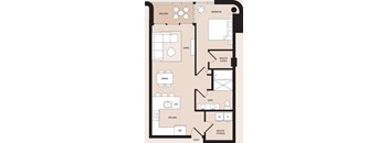 A floor plan of a house with a balcony, dining area, kitchen, bathroom, and bedrooms.