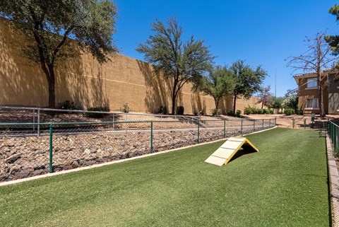 A playground with a yellow slide and green grass.