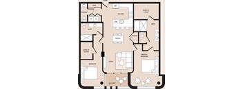 A floor plan of a house with a living room, dining room, kitchen, and bathrooms.