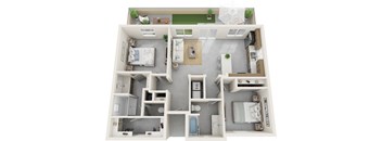 a 3d rendering of a floor plan with bedrooms and a living room