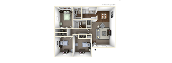 A 3D illustration of a small, efficient apartment layout.