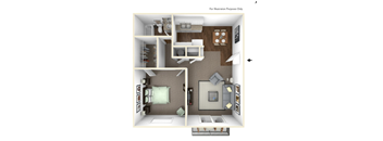 A 3D rendered image of a small apartment layout.