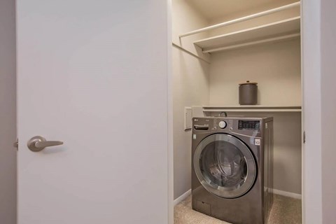 A washing machine is in a small room.